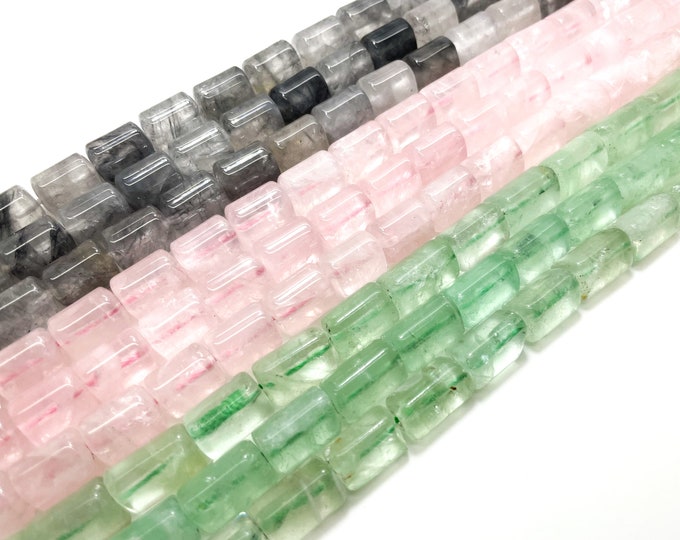 Natural Gemstone, Smooth Triangle Tube Cylinder Nugget Transparent Loose Gemstone Beads (Gray Cloudy Quartz, Rose Quartz, Prehnite) - PGS29