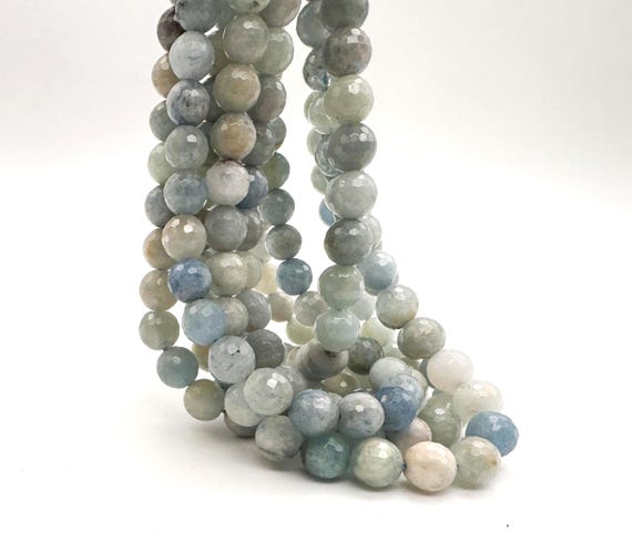 Natural Aquamarine Faceted Round Beads | 6mm 8mm 10mm 12mm | Pale Blue Gemstone Beads | Full 15.5" Strand | Jewelry Making Supplies - PG49