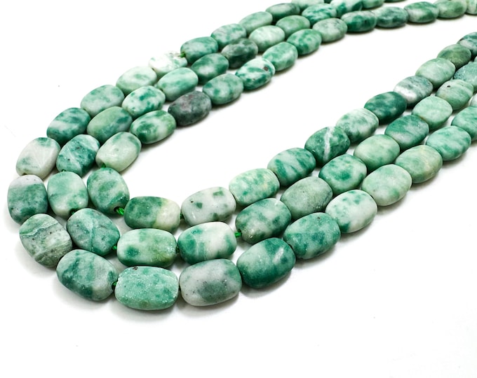 Green Jade Beads, Natural Matte Green Mountain Jade Flat Rectangle  Beads Gemstone - 6mm x 8mm, 7mm x 10mm - Full Strand - PG89