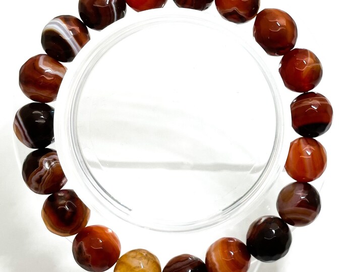 Spider Web Orange Brown Striped Agate Faceted 8mm 10mm Round Stretch Elastic Cord Handmade Beaded Bracelet - PGB166