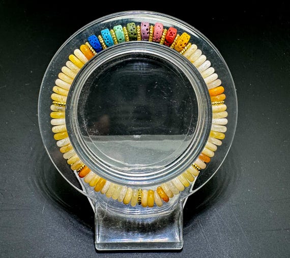 Yellow Opal & Chakra Lava Rock Bracelet – Handmade Stretch Beaded Jewelry - PGB8R14