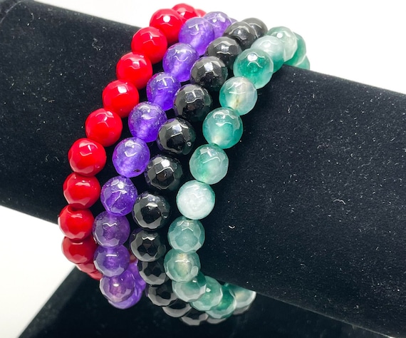 Agate Dyed Red Green Purple Black Faceted Round 8mm Gemstone Beads Stretch Elastic Cord Handmade Bracelet Accessories - PGB18
