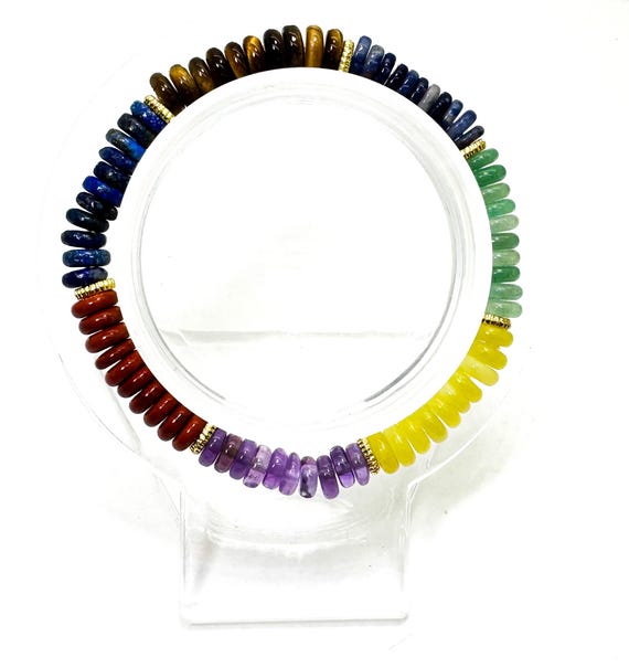 7 Chakra Stretch Bracelet 6mm, 6.5" Amethyst Lapis Tiger Eye Aventurine Yellow Jade Red Jasper – Healing Energy Jewelry - PGB8R39