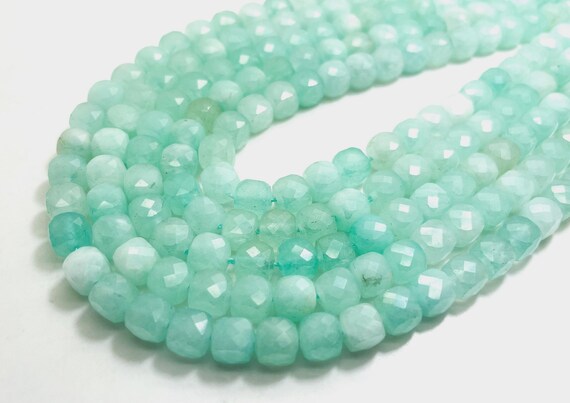 Natural Green Amazonite Square Cube Faceted Size 7mm Gemstone Beads - PGS262