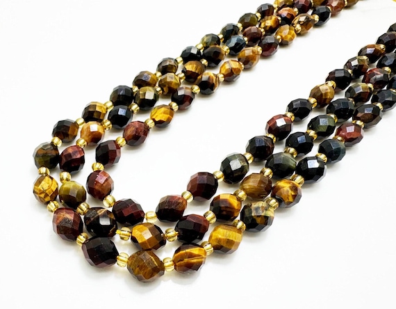 Natural Mixed Color Tiger Eye Faceted Oval Beads 6x8mm – Red Yellow Blue Tiger Eye Strand 14.5" – Jewelry Making Supplies- PGS323
