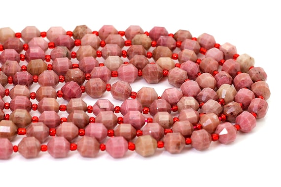 Natural AAA Pink Rhodonite Octagon Faceted Round 7mm x 8mm Double Terminated Points Energy Prism Cut Gemstone Beads - PGS310