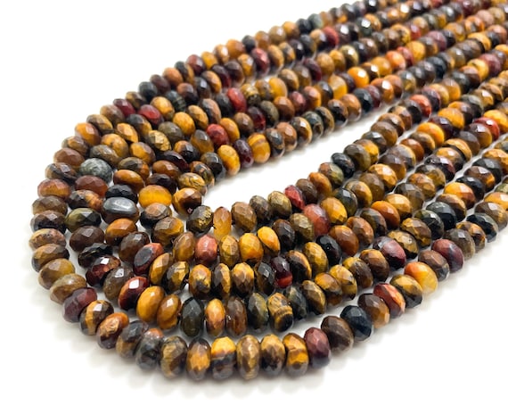 Yellow Red Tiger Eye Faceted Rondelle 8mm Natural Gemstone Beads - RDF54B