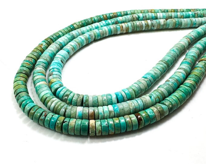 Natural Genuine Turquoise, Blue Green Arizona Kingman Turquoise Polished Heishi Rondelle Disc 2mm x 6mm Gemstone Beads - PG93G