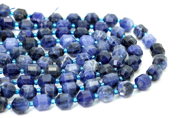 Sodalite Beads, Natural Blue Sodalite Faceted Round Double Terminated Points Energy Prism Cut Gemstone Beads - PGS309