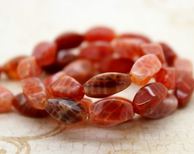 Fire Agate, Red Fire Agate Twisted Oval Smooth Polished Gemstone Beads - 6mm x 12mm - PG172