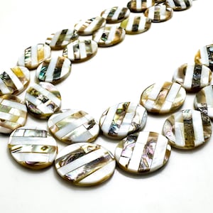 Rare Natural Abalone Shell Inlay Beads – Flat Oval, Mixed Shell Stripes - PG197