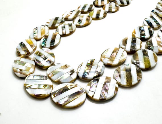 Rare Natural Abalone Shell Inlay Beads – Flat Oval, Mixed Shell Stripes - PG197