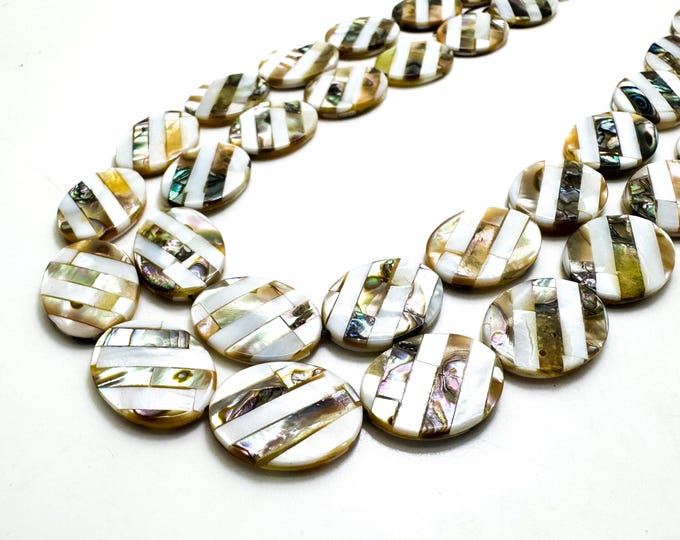 Rare Natural Abalone Shell Inlay Beads – Flat Oval, Mixed Shell Stripes - PG197