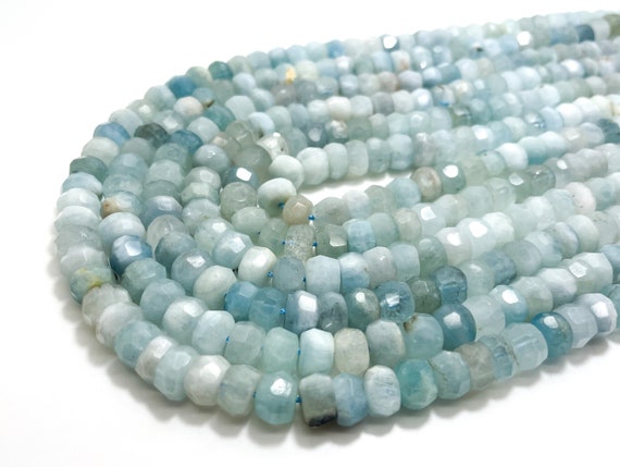 Aquamarine Beads, Natural Blue Aquamarine Faceted Rondelle 5mm x 9mm Loose Gemstone Beads - RDF31