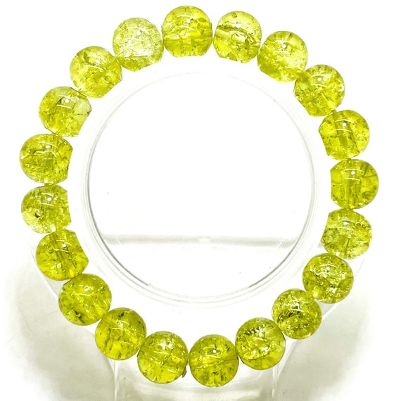 Crackle Quartz Handmade Cracked Crystal 8mm 10mm Polished Smooth Gemstone Bracelet (Lime Yellow) - PGB239P