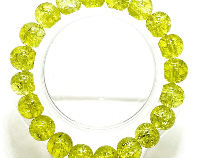 Crackle Quartz Handmade Cracked Crystal 8mm 10mm Polished Smooth Gemstone Bracelet (Lime Yellow) - PGB239P