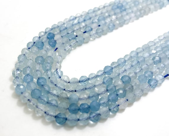 Blue Aquamarine Beads, Natural Aquamarine Faceted Round 4mm Gemstone Beads - RNF91