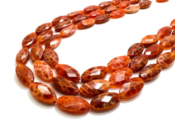 Fire Agate Beads, Natural Fire Agate Polished Faceted Flat Oval Marquise Gemstone Beads - PG179