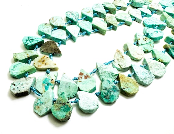 Natural Green Matte Chrysocolla Teardrop Pear Rough Flat Gemstone Beads - PGS172