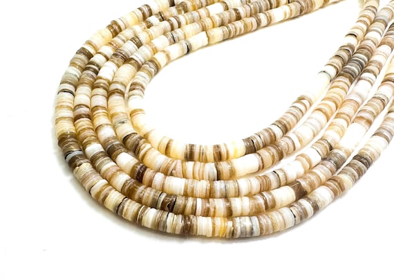Natural Pen Shell Heishi Beads: Coffee Brown & White, 16" Strand