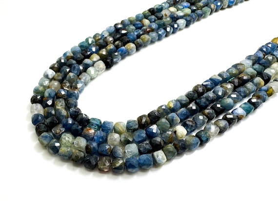 Faceted Blue Sapphire Cube Beads: 4mm Gemstone Strand