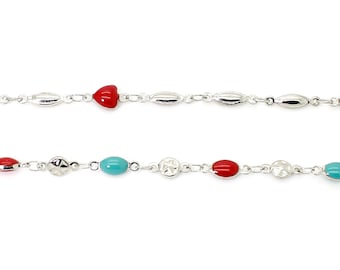 Red/Turquoise Beaded Chain, Silver jewlery Nceklace Bracelet Chains - PCH14