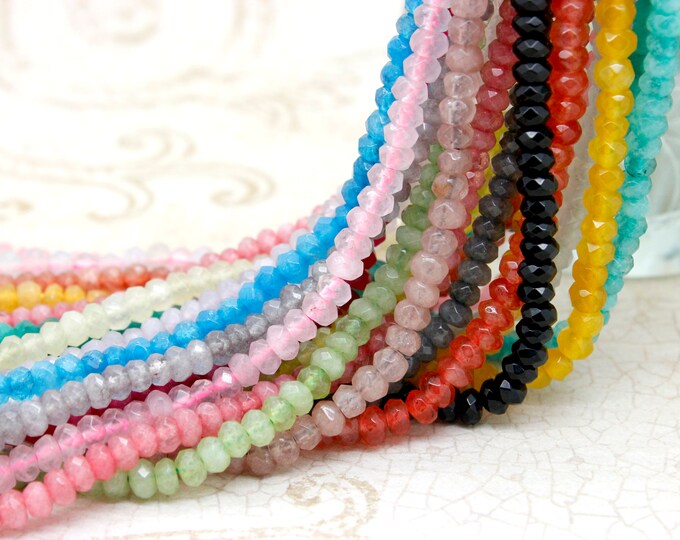 Jade Beads, Green Yellow Blue Pink Red White Jade Faceted Roundelle Gemstone Loose Beads 2mm x 4mm