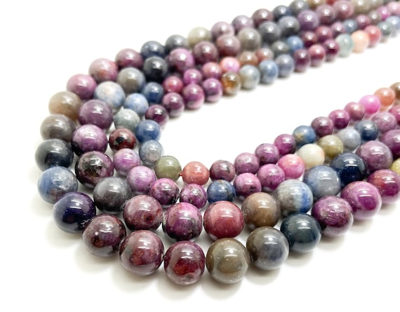 Genuine Sapphire Ruby Beads, High Quality AAA Multi Color Natural Sapphire Ruby Smooth Polished Round Gemstone Beads RN162A