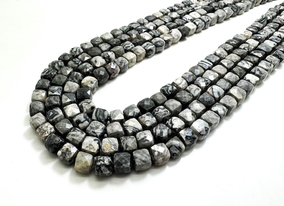 Natural Gray Crazy Lace Jasper A Faceted Square Cube 7mm Gemstone Beads - PGS121