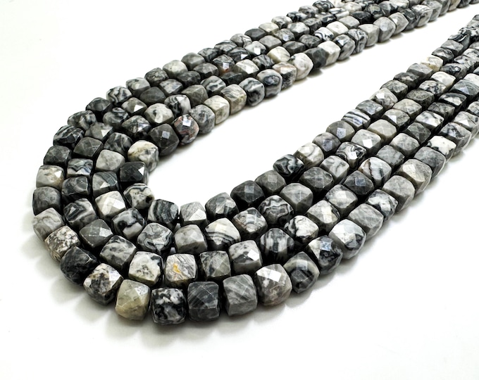 Natural Gray Crazy Lace Jasper A Faceted Square Cube 7mm Gemstone Beads - PGS121