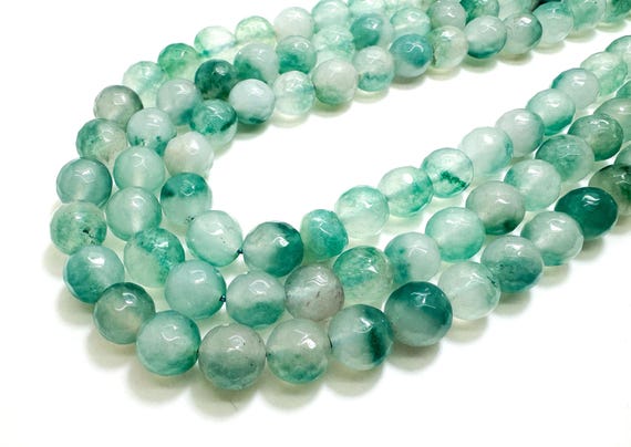 Cloudy White Green Agate Faceted Round 10mm Gemstone Jewelry Making Beads - RNF131B