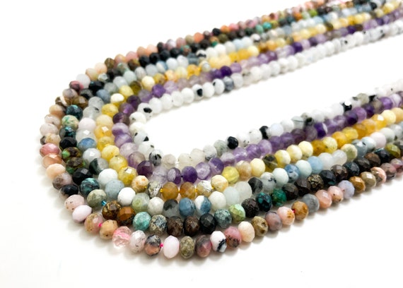 Natural Amethyst Aquamarine Moonstone Turquoise Pink Yellow Opal Matte Faceted 4mm x 6mm Rondelle Gemstone Beads - RDF46