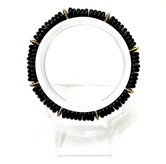Black Onyx Stretch Bracelet – 6mm Beads, 6.5" – Gold Spacer Accents – Protection • Strength • Grounding - PGB8R34
