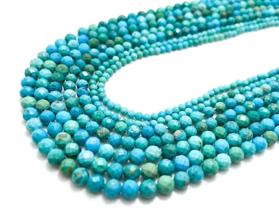 Natural Turquoise Beads, Genuine Blue Hubei Turquoise Faceted Round Sphere Gemstone Beads - RNF103