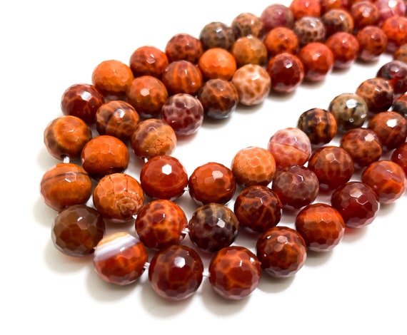 Faceted Natural Red Fire Agate Gemstone Round Loose Beads on a