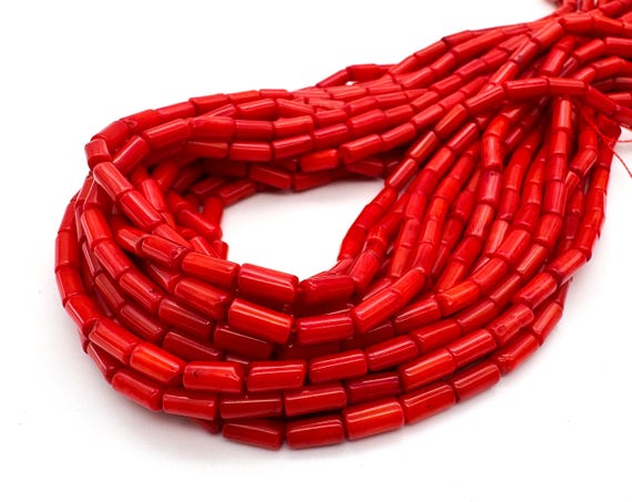 Genuine Red Bamboo Coral Beads Smooth 4x7mm Tube Cylinder Stick Vibrant Dyed Red Mediterranean Gemstone for Artisan Jewelry Supply - RC4