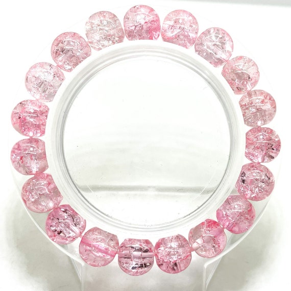 Crackle Quartz Handmade Cracked Crystal 10mm Polished Smooth Gemstone Bracelet (Light Pink) - PGB239B