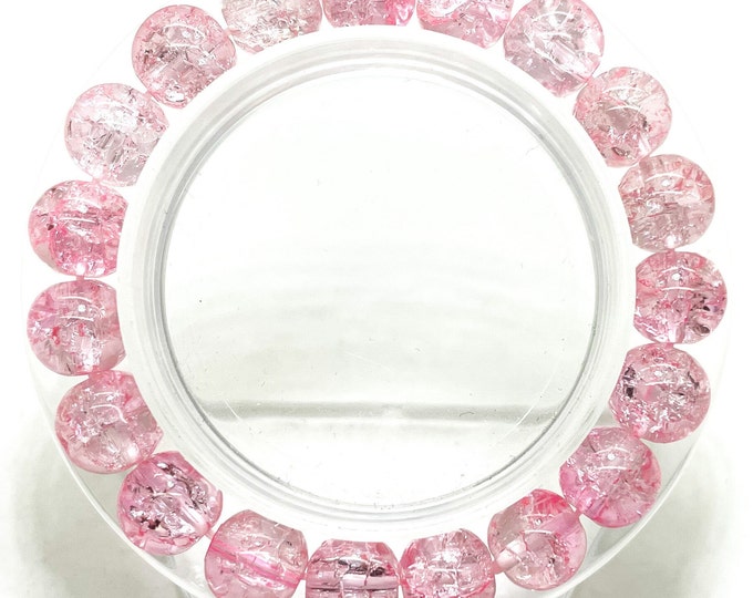 Crackle Quartz Handmade Cracked Crystal 10mm Polished Smooth Gemstone Bracelet (Light Pink) - PGB239B