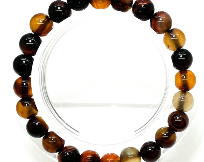 Natural Dark Red Brown Agate Smooth Round 8mm Gemstone Beads Stretch Elastic Cord Bracelet Accessories - PGB02