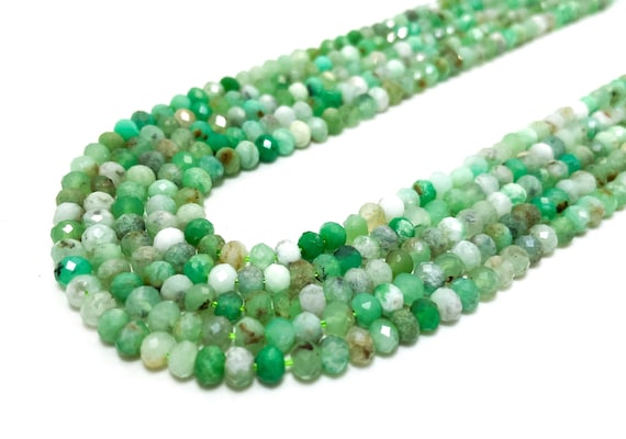 Natural Green Chrysoprase Faceted Rondelle 3mm x 4mm Gemstone Beads - RDF111