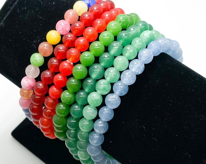 Jade Smooth Round Gemstone 6mm Beads Dyed Red Blue Green Rainbow Beads Stretch Handmade Elastic Cord Bracelet - PGB162