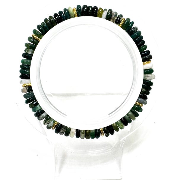 Handmade Green Moss Agate Bracelet: Gemstone Beads with Gold Accents - PGB8R24