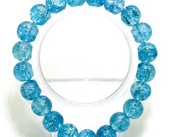 Crackle Quartz Handmade Cracked Crystal 10mm Polished Smooth Gemstone Bracelet (Aqua Blue) - PGB239K