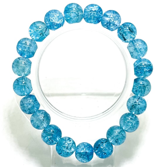 Crackle Quartz Handmade Cracked Crystal 10mm Polished Smooth Gemstone Bracelet (Aqua Blue) - PGB239K