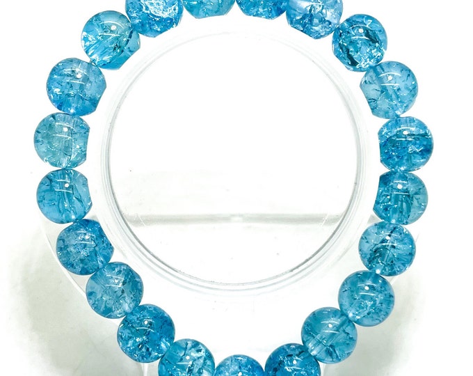 Crackle Quartz Handmade Cracked Crystal 10mm Polished Smooth Gemstone Bracelet (Aqua Blue) - PGB239K