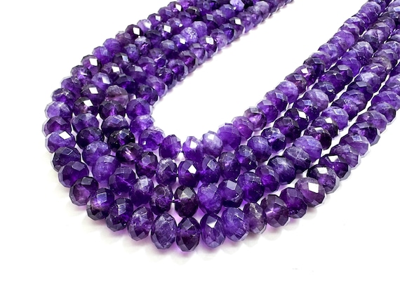 Grade A Natural Purple Amethyst Faceted Rondelle 5mm x 8mm Gemstone Beads - RDF118