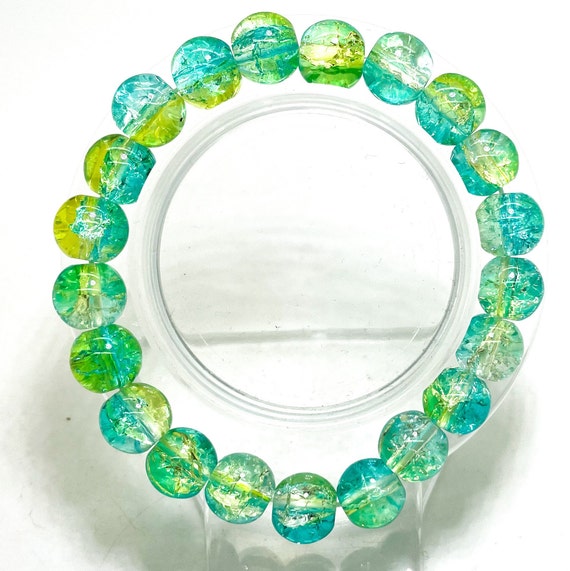 Crackle Quartz Handmade Cracked Crystal 10mm Polished Smooth Gemstone Bracelet (Aqua Green Yellow) - PGB238B