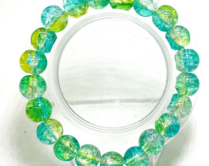 Crackle Quartz Handmade Cracked Crystal 10mm Polished Smooth Gemstone Bracelet (Aqua Green Yellow) - PGB238B