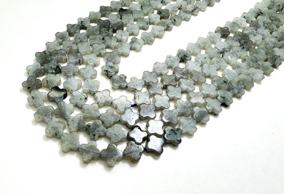 Natural Gray Labradorite Four Leaf Clover 8mm Smooth Gemstone Beads - PGS416