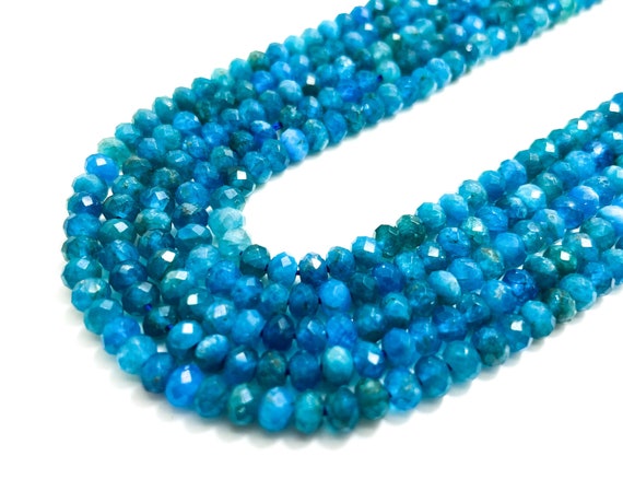 Natural Apatite Beads, Faceted Rondelle 4mm x 5mm Blue Apatite Gemstone Beads - RDF73